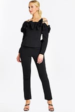 Model Wearing Black Off-the-Shoulder Pantsuit with Oversized Bow Details and Long Sleeves