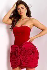 Red short dress featuring sculpted bodice and floral appliqués