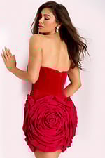 Back view of red mini dress with large rose design