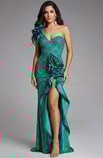 green high slit one shoulder dress with rosette detail 39851