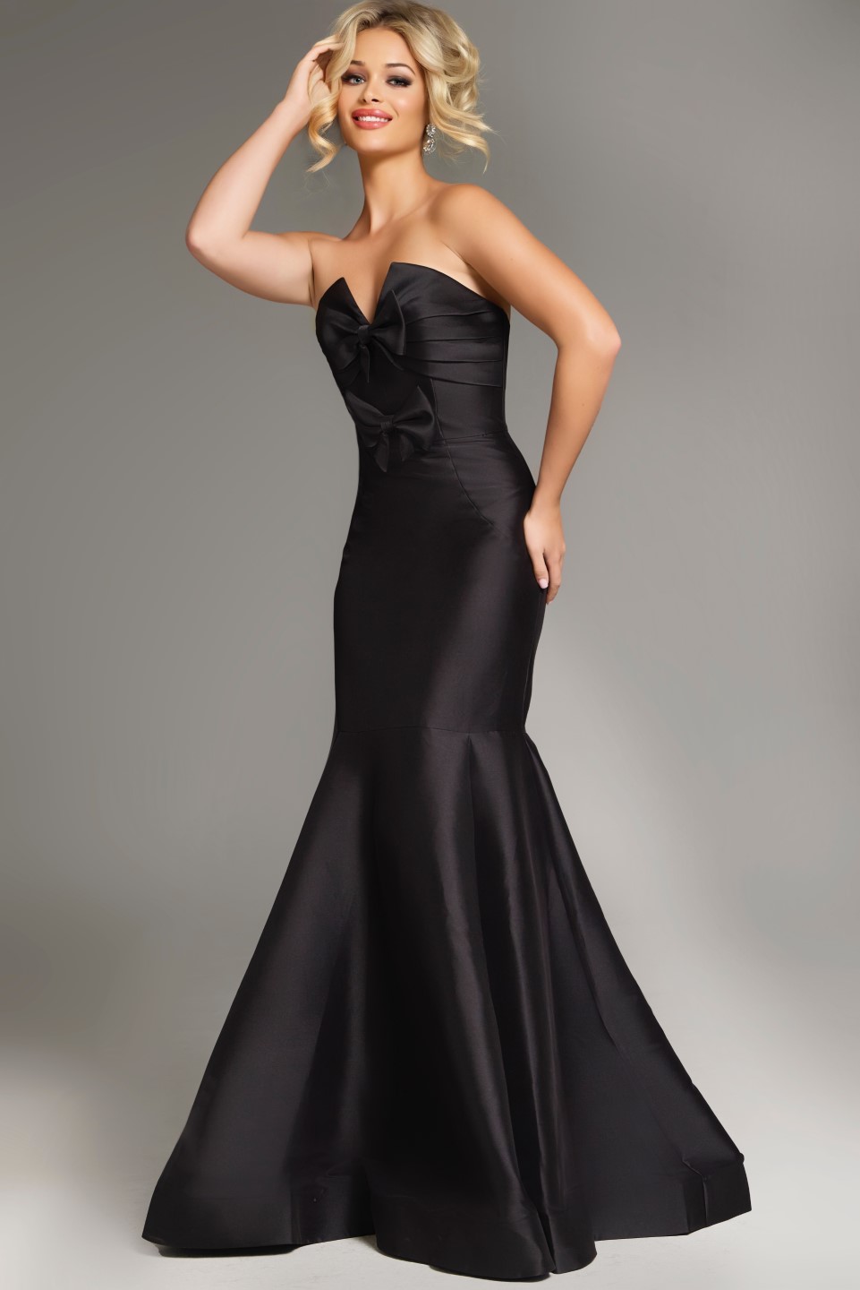 Strapless Satin Mermaid Gown with Bow Detail 39872 | Jovani