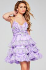 パーティードレス GANISONG Velvet Rosy Layered One Piece Light Purple Floral Plunging Neckline Short Dress 39880 | Jovani