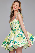 Side view of model in Jovani 39881 dress, highlighting floral pattern and A-line silhouette.