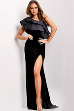 ruffled neckline high slit black dress 39887