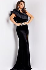 Black velvet one-shoulder evening gown with ruffle and slit