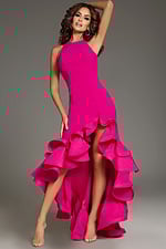 Model wearing Jovani 39893 fuchsia dress with high neckline and ruffled hem, front view.