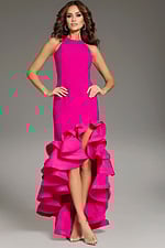 Model showcasing Jovani 39893 fuchsia dress with high slit and ruffles, front view.