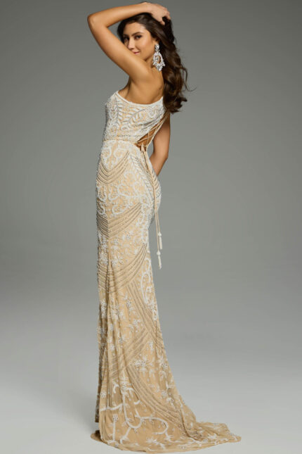 Side view of an intricately beaded one-shoulder gown