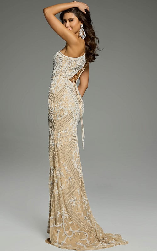 Side view of an intricately beaded one-shoulder gown