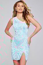 Model showcasing Jovani 39896 mini dress in Blue, featuring lace.