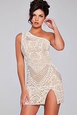 Front view of Jovani 39896 mini dress in Nude with detailed lace.