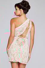 Model wearing Jovani 39896 mini dress in Blue with decorative lace.