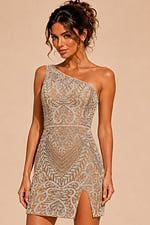 nude bodycon mini dress with one-shoulder neckline, intricate beaded pattern, and a high slit