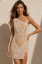 nude bodycon mini dress with one-shoulder neckline, intricate white beading, and side slit