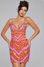 model wearing Jovani 39903 front view of mini dress with sequins