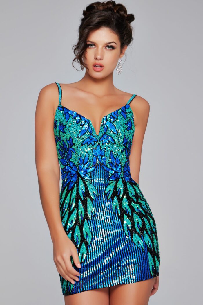Model in Jovani 39907 sequin mini dress styled with a V-neckline