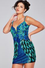 Model wearing Jovani 39907 V-neckline mini dress