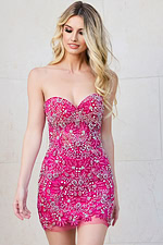 Model wearing Jovani 39911 hot pink dress with intricate beadwork, front view