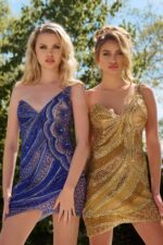 Model duo wearing Jovani 39914 dress with detailed bead embellishments in nude.