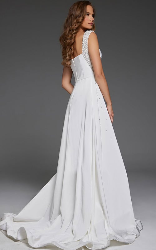 Back view of Jovani 39921 white gown with subtle train and embellished straps