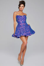 Model showcasing Jovani 39927 navy mini dress with sequin details
