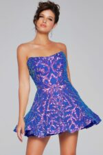 Front view of model in Jovani 39927 navy mini dress