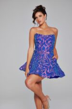 Model wearing Jovani 39927 navy mini dress with elegant sequins