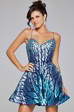 Model wearing Jovani 39928 royal blue dress with leaf pattern, additional front view