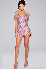 Model wearing Jovani 39934 pink mini dress with sequins, full length front view.