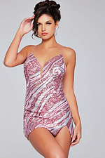Model wearing Jovani 39934 pink mini dress with sequins, front view close-up detail.