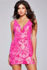 Model wearing Jovani 39937 with a fuchsia sequined mini dress, featuring a deep V-neckline.