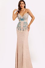 Strapless mermaid gown with blue beaded leaf bodice detail