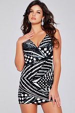 Model wearing Jovani 39952 black mini dress with geometric sequins, elegant pose.