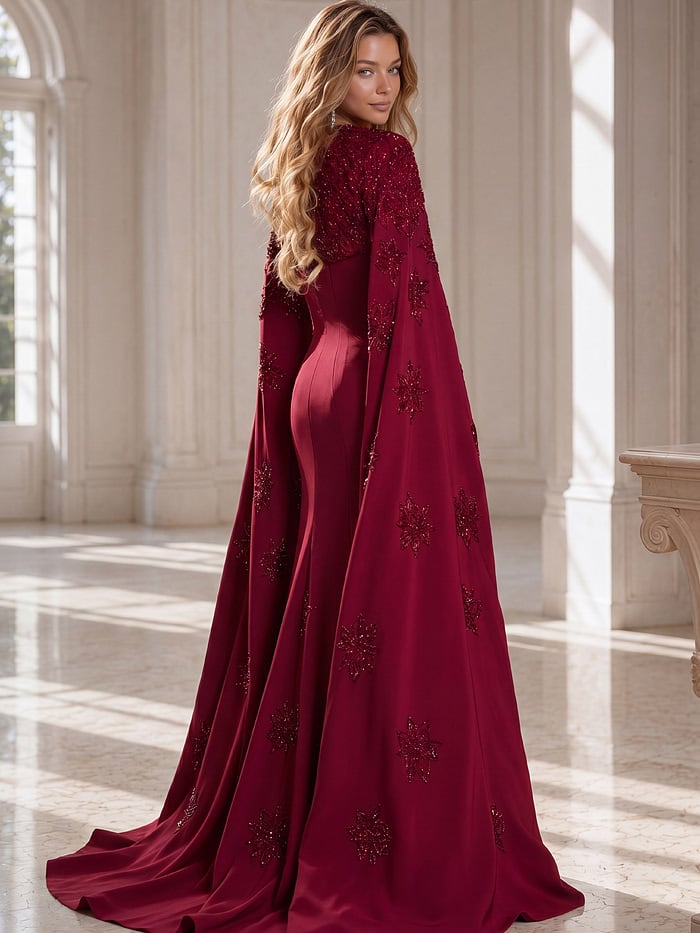 urgundy evening gown featuring a fitted silhouette with a dramatic embellished cape.