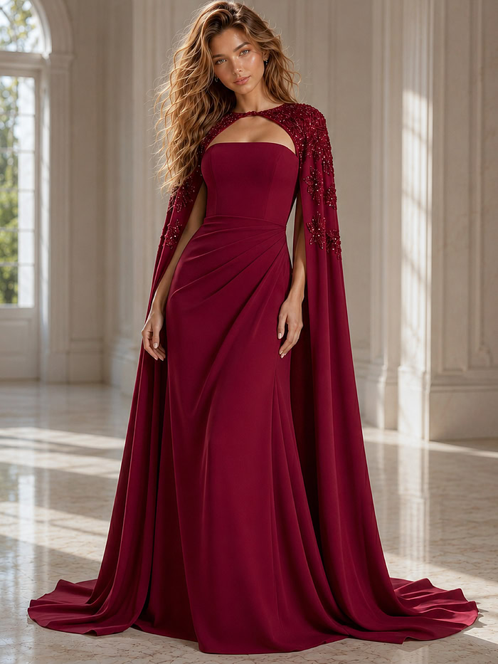 burgundy evening gown featuring a strapless fitted silhouette with soft draped ruching