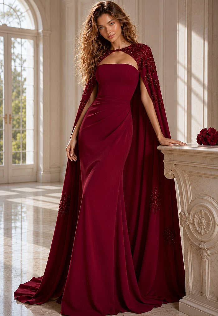 Chic strapless crimson mermaid gown with a clean minimalist silhouette,
