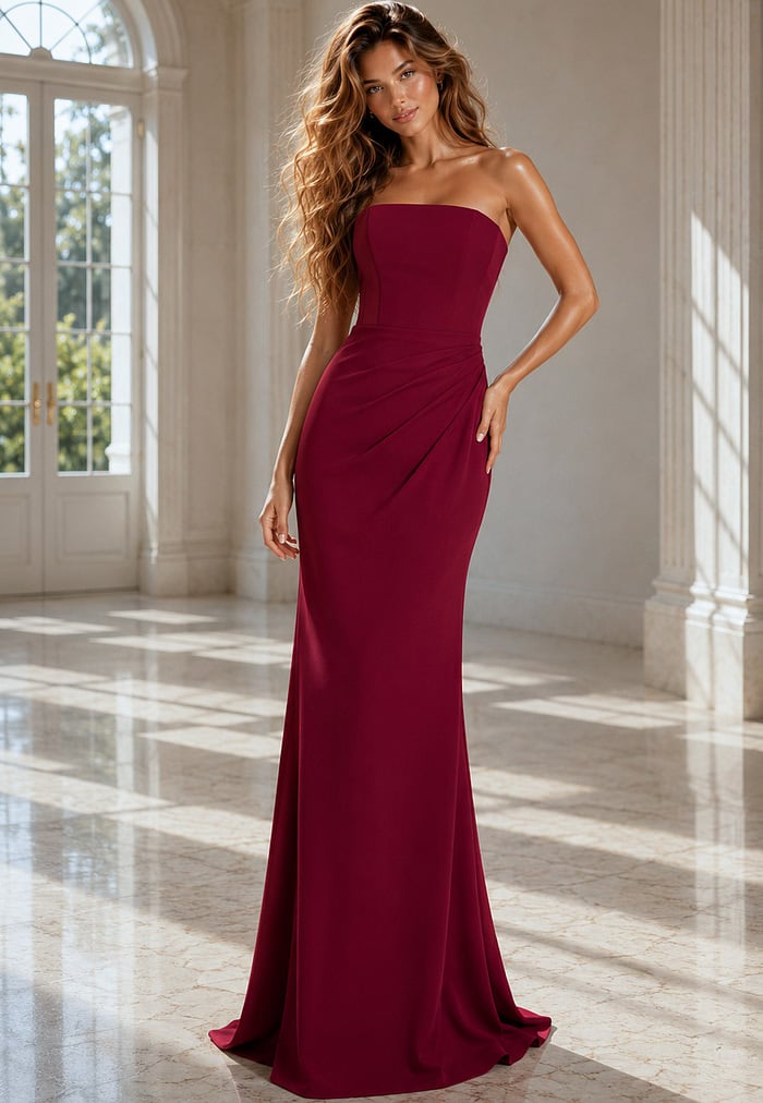 red evening dress with a figure-hugging silhouette, elegant floor-length skirt,
