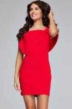 model wearing Jovani 39972 red dress with bow detail, smiling, front view