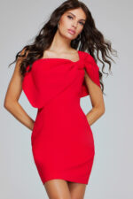 model wearing Jovani 39972 red dress with bow detail, front view