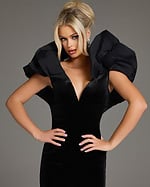 Model wearing Jovani 39978 black dress, close-up front view