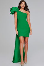 Model wearing 39983 emerald green dress with one-shoulder ruffle and side train front view
