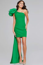 Model wearing 39983 emerald green dress with one-shoulder ruffle and side train front view