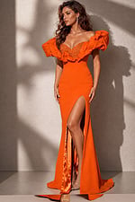 orange high slit off the shoulder pageant dress 39984