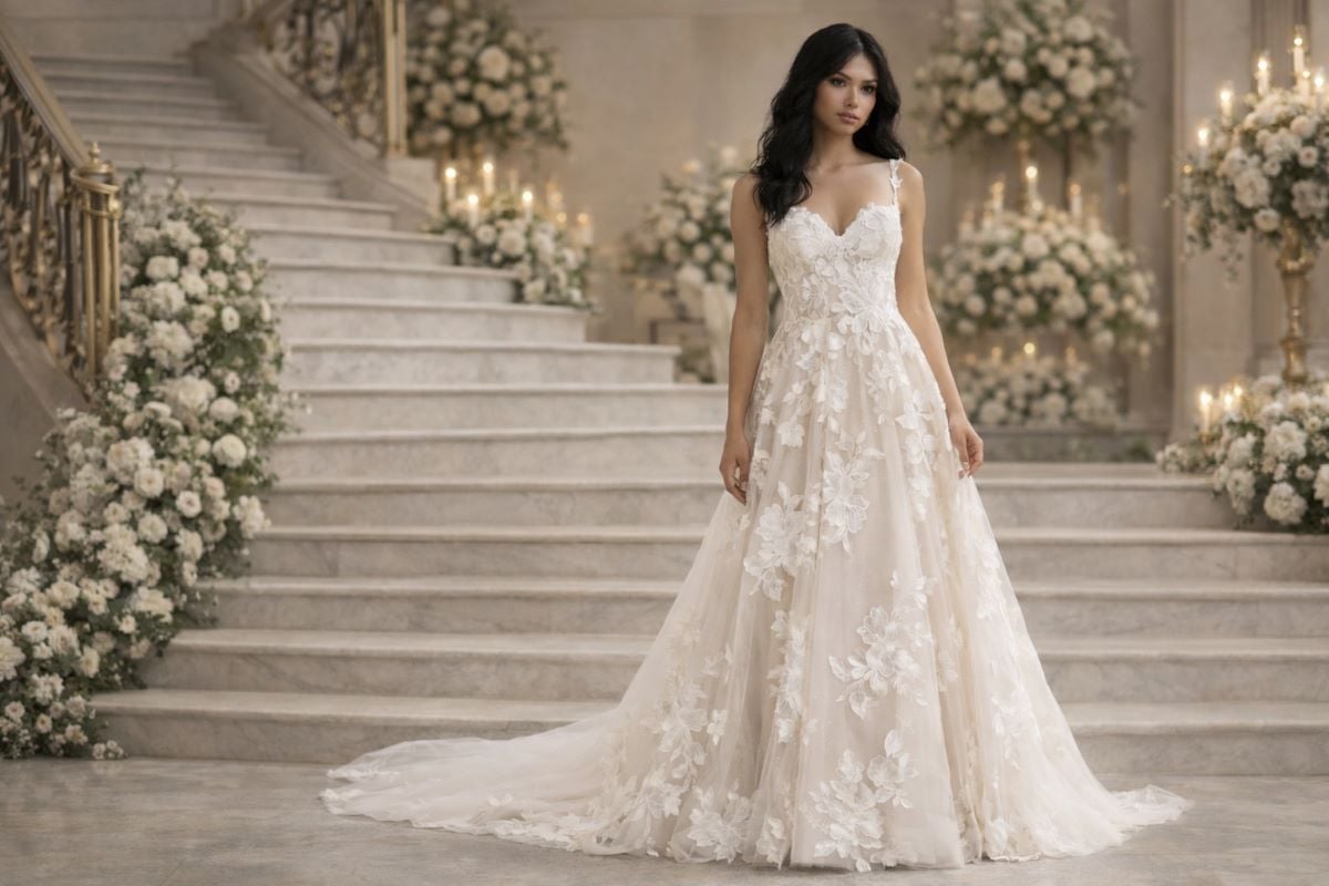 Ivory wedding dress with 3D floral appliqué and sheer bodice