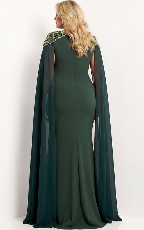 Back view of gown with dramatic sheer cape and fitted silhouette