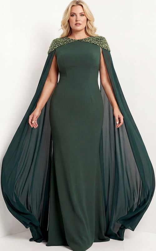 Elegant long gown with embellished shoulders and flowing cape sleeves