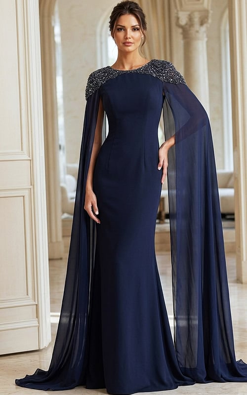 navy high neck dress with sheer drapes 40000