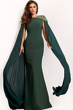 Hunter green gown with crystal shoulder detailing and chiffon cape