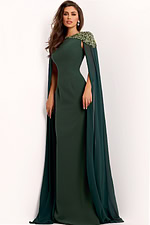 Embellished evening dress with flowing cape and fitted silhouette