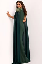 Back view of green formal cape gown with jeweled shoulders